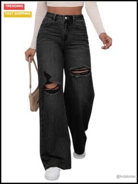 High Waisted Ripped Wide Leg Baggy Jeans Distressed Denim Pants